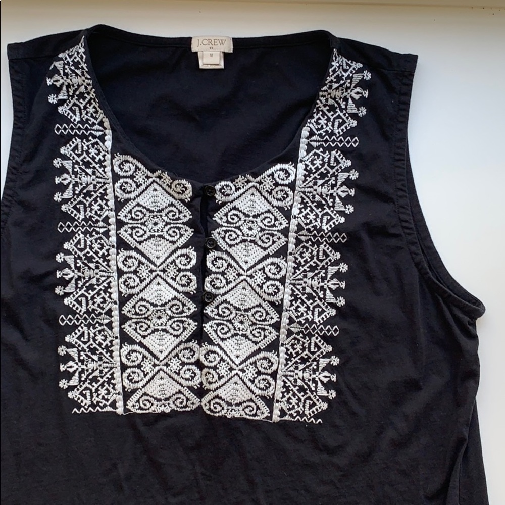 J Crew | Black Cotton White Embroidered Tank